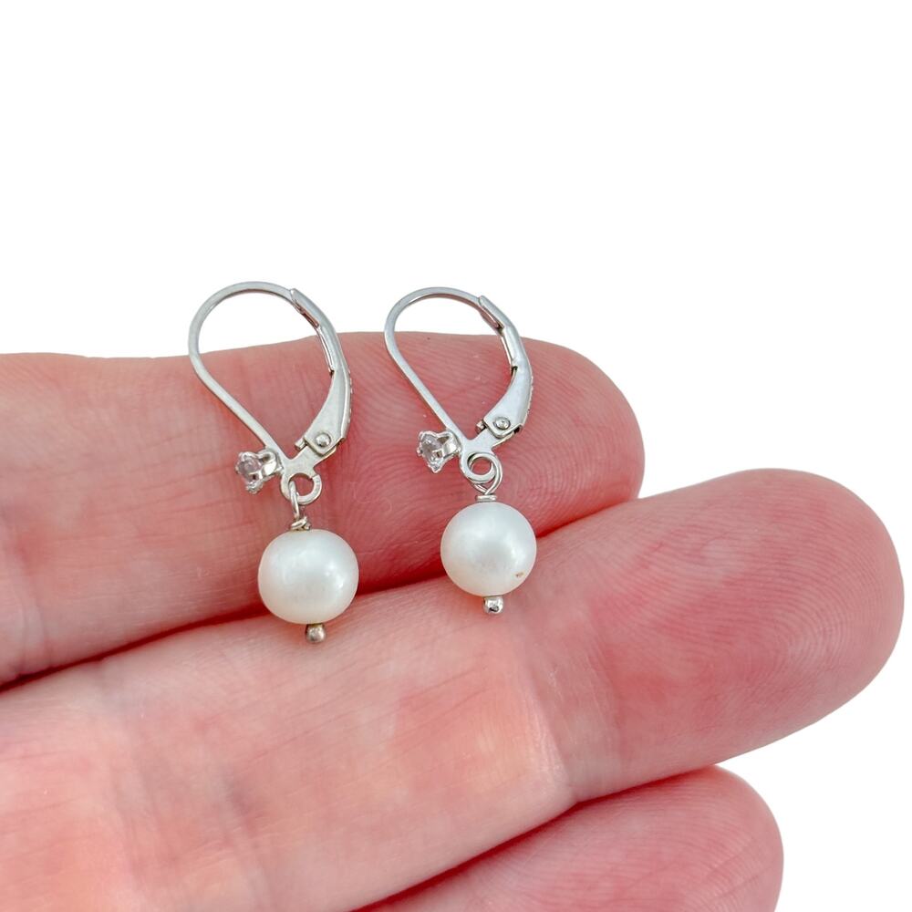 Vintage Sterling Silver 925 Pearl Diamond 0.06ctw Leverback Earrings